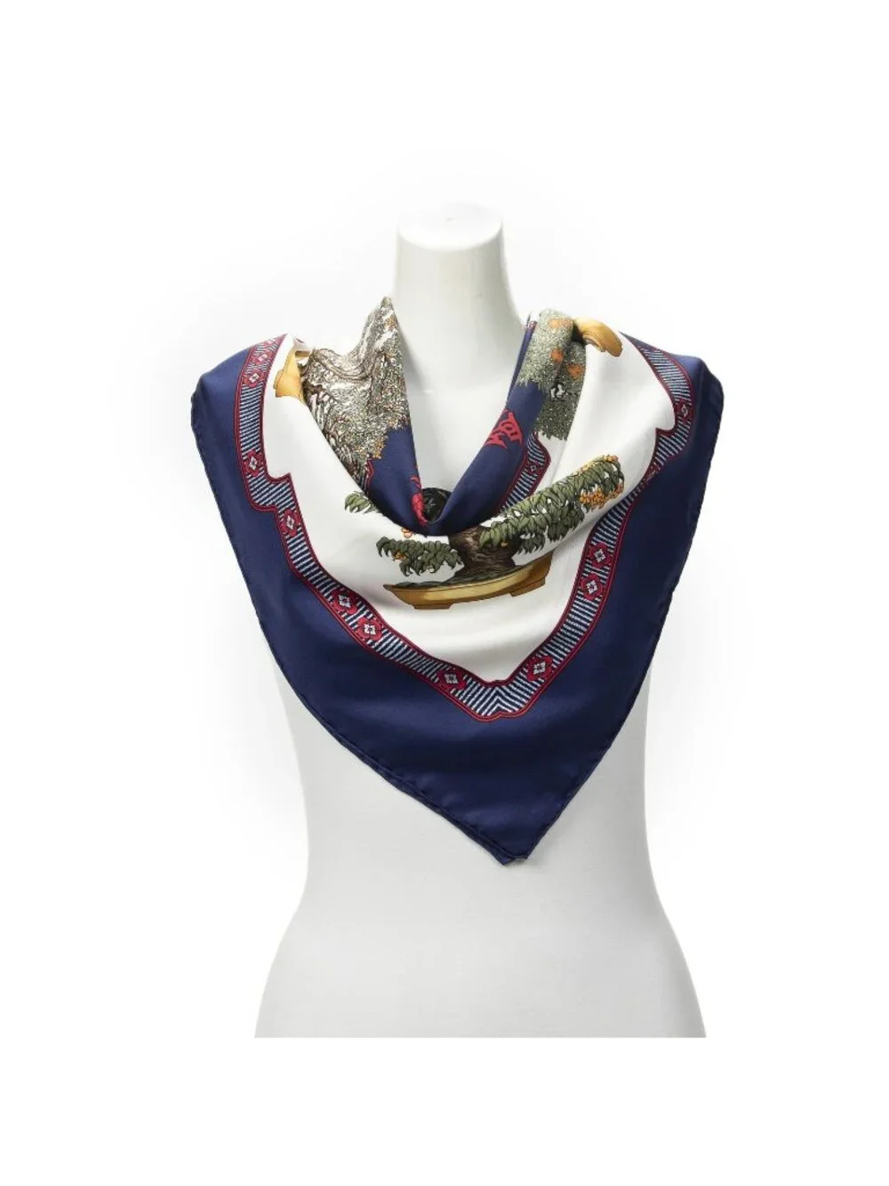 Hermes Scarf Navy Ivory Green Silk